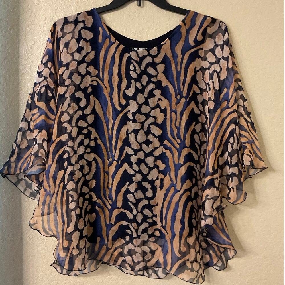 Made In Italy Animal Print Sheer Poncho Blouse Layered Flutter Small GUC